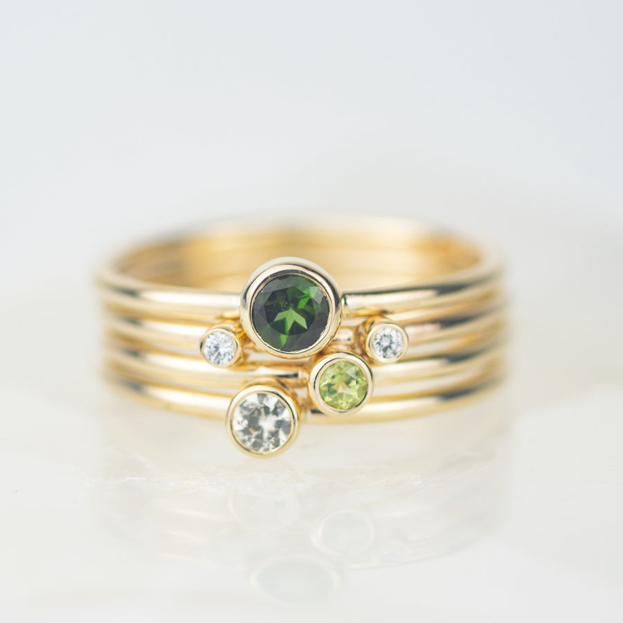 Hydrus - Green Tourmaline, Peridot, White Sapphire and Diamond Gold Stacking Ring Set