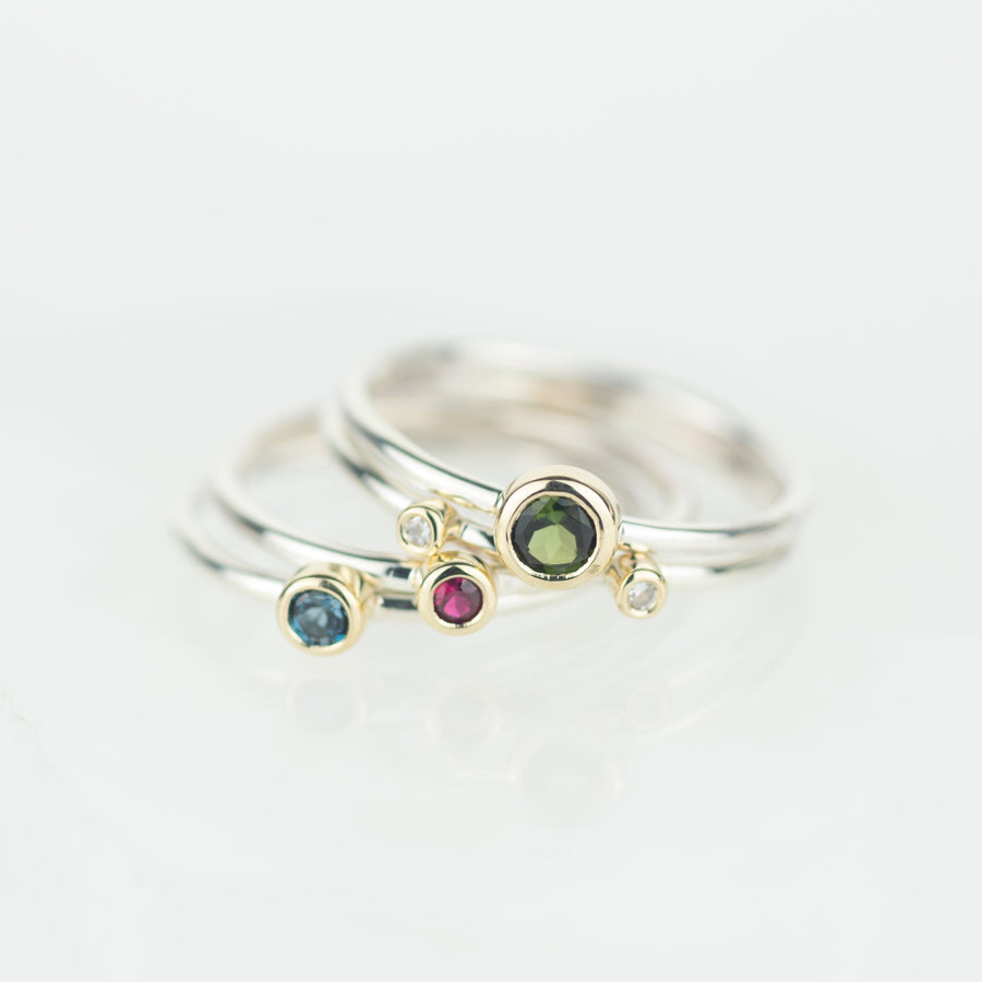 Draco - Green Tourmaline, Ruby, London Blue Topaz and Diamond Silver and Gold Stacking Ring Set