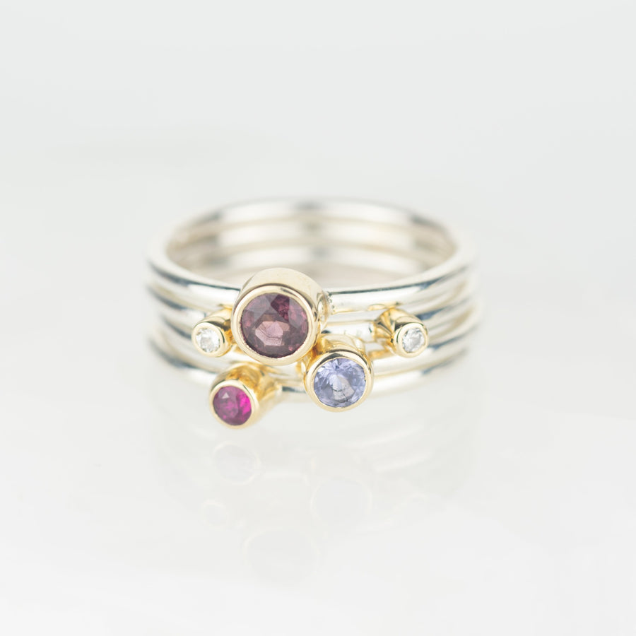 Lupus - Rhodolite Garnet, Ruby, Tanzanite and Diamond Silver and Gold Stacking Ring Set