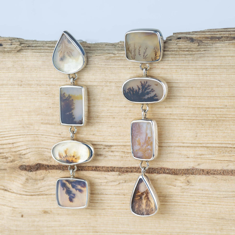No.65 - Seaweed Dendritic Agate Mismatched Four Drop Earrings