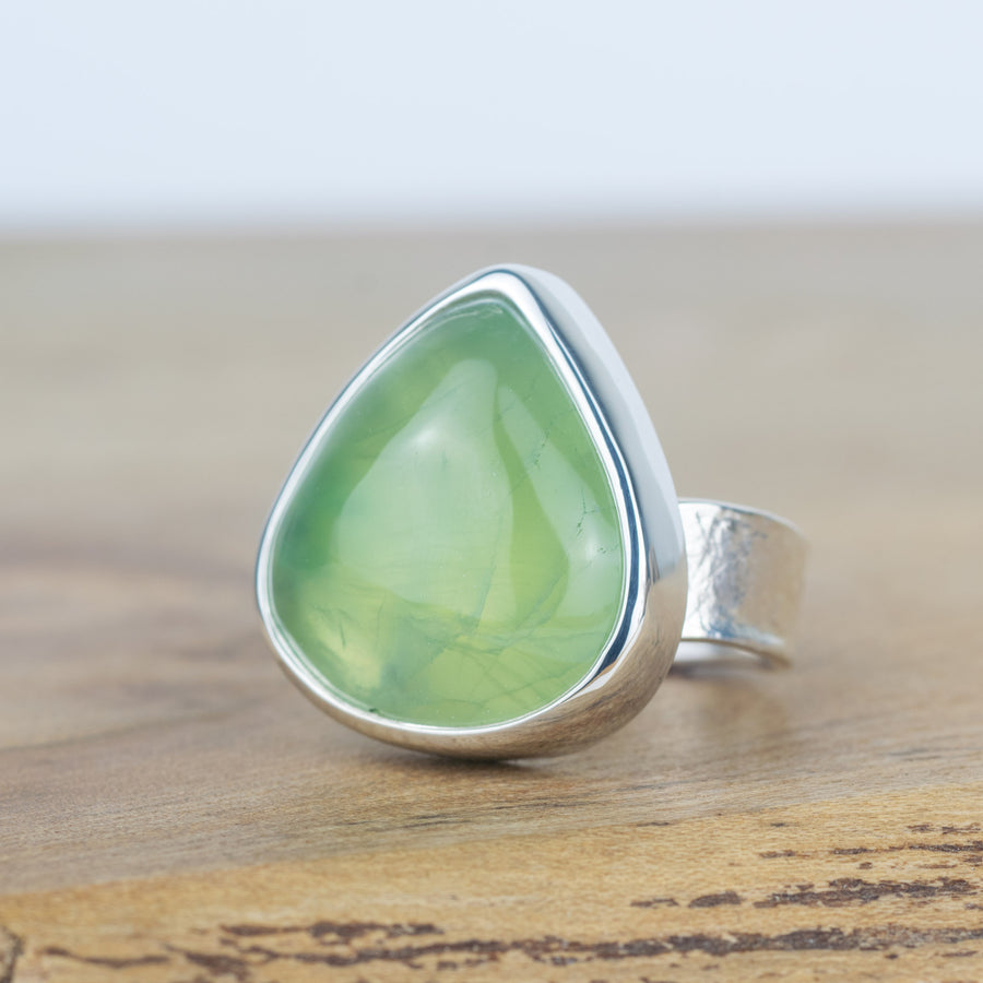 No.305 - Teardrop Prehnite One Of A Kind Ring - Size S 1/2