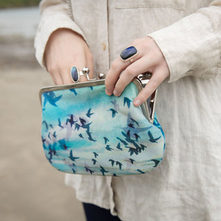 Handmade Velvet Bird and Sky Kisslock Clutch Bag