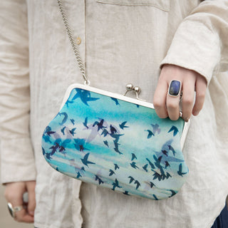 Handmade Velvet Bird and Sky Kisslock Clutch Bag