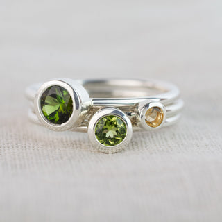 Solstice Green Tourmaline, Peridot and Citrine Silver Stacking Ring Set