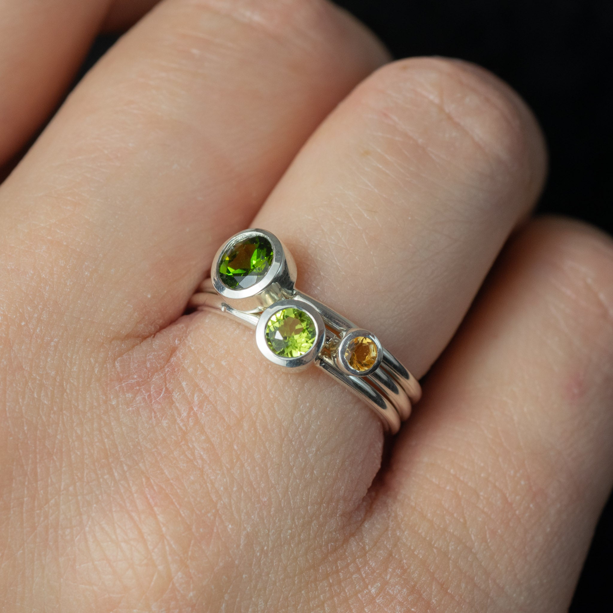 Solstice Green Tourmaline, Peridot and Citrine Silver Stacking