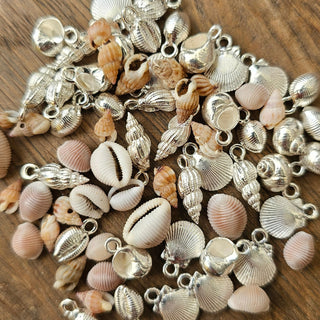 Assorted silver and natural shell charms on a wooden surface