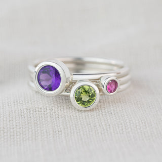 Aurora Amethyst, Peridot and  Pink Tourmaline Silver Stacking Ring Set