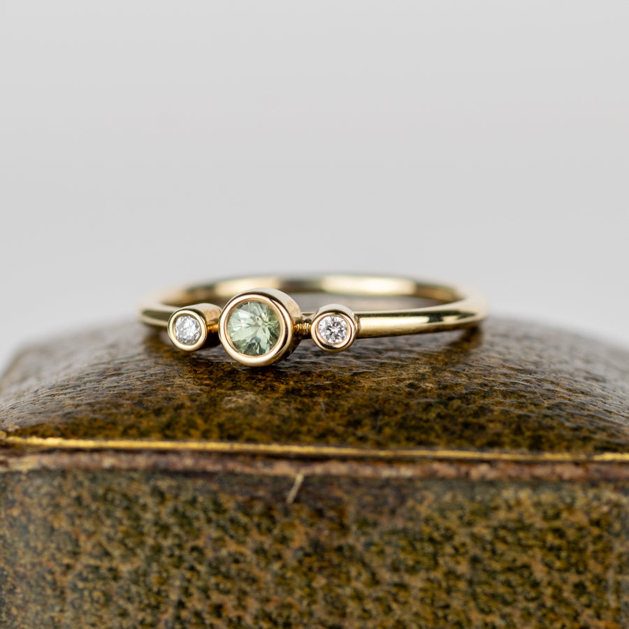 Green Sapphire and Diamond Gold Trilogy Ring