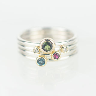 Draco - Green Tourmaline, Ruby, London Blue Topaz and Diamond Silver and Gold Stacking Ring Set