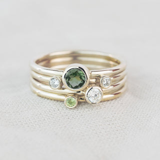 Hydrus - Green Tourmaline, Peridot, White Sapphire and Diamond Gold Stacking Ring Set