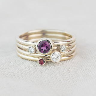 Cassiopeia - Rhodolite Garnet, Ruby, White Sapphire and Diamond Gold Stacking Ring Set