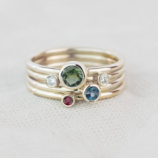 Draco - Green Tourmaline, Ruby, London Blue Topaz and Diamond Gold Stacking Ring Set