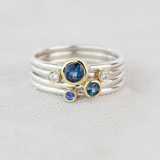 Aquarius - Sapphire, Diamond, Blue Topaz Silver and Gold Stacking Ring Set