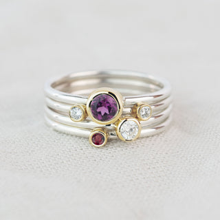 Lupus - Rhodolite Garnet, Ruby, Tanzanite and Diamond Silver and Gold Stacking Ring Set