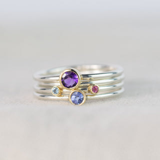 Andromeda Amethyst, Tanzanite, Aquamarine and Pink Tourmaline Silver & Gold Stacking Ring Set - Size R