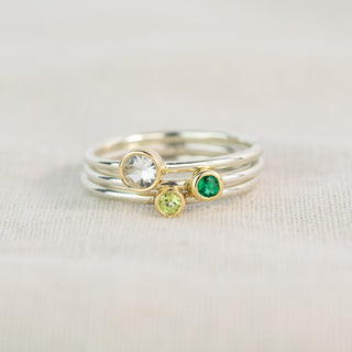 Andromeda White Sapphire, Emerald & Peridot Silver and Gold Stacking Ring Set - Size P