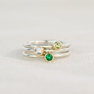 Andromeda White Sapphire, Emerald & Peridot Silver and Gold Stacking Ring Set - Size I 1/2