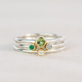 Andromeda Green Tourmaline, Emerald, Diamond & Aquamarine Silver and Gold Stacking Ring Set - Size M