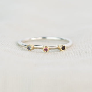 Andromeda Garnet, Pink Tourmaline and Moonstone Three Stone Silver & Gold Ring - Size N