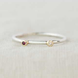 Andromeda Ruby and Diamond Two Stone Silver & Gold Ring - Size R