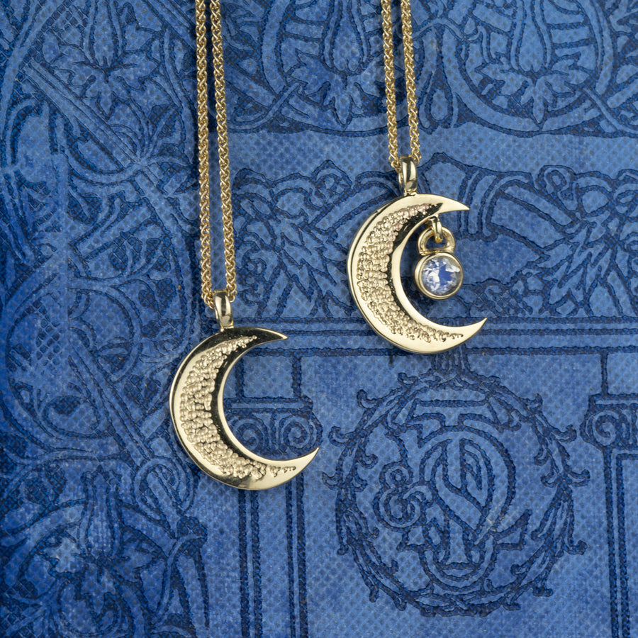Gold Moonstone Waning Crescent Moon Pendant
