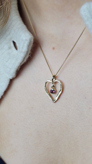 Solid 9ct Gold Rhodolite Garnet Open Heart Pendant