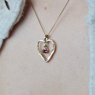 Solid 9ct Gold Rhodolite Garnet Open Heart Pendant