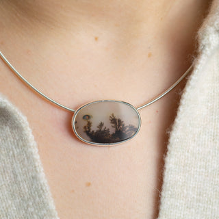 No. 121 - Silver Dendritic Agate Oval Seaweed Necklet
