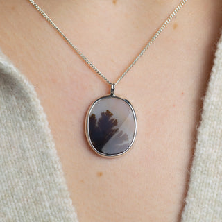 No. 168 - Silver Dendritic Agate Oval Seaweed Pendant