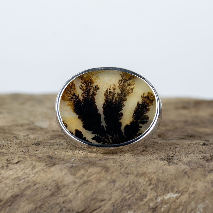 No. 172 - Silver Dendritic Agate Oval Ring - Size S