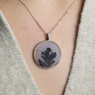 No. 177 - Silver Dendritic Agate Round Seaweed Pendant