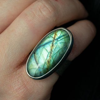 No.196 - One of a Kind Oval Labradorite Ring - Size L