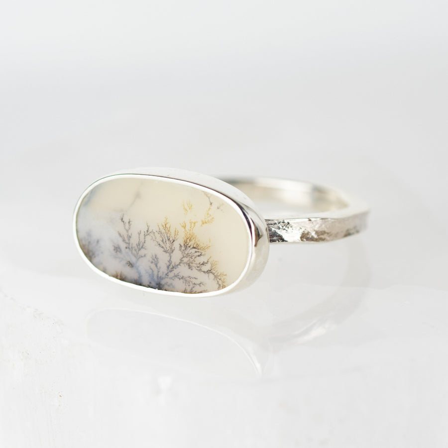 No. 41 - Silver Dendritic Agate Oval Ring - Size V