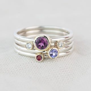 Lupus - Rhodolite Garnet, Ruby, Tanzanite and Diamond Silver and Gold Stacking Ring Set