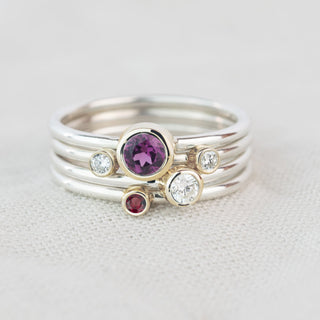 Cassiopeia - Rhodolite Garnet, Ruby, White Sapphire and Diamond Silver and Gold Stacking Ring Set