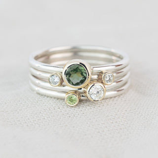 Hydrus - Green Tourmaline, Peridot, White Sapphire and Diamond Silver and Gold Stacking Ring Set