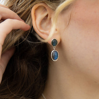 Simple Oval Labradorite Double Drops Earrings