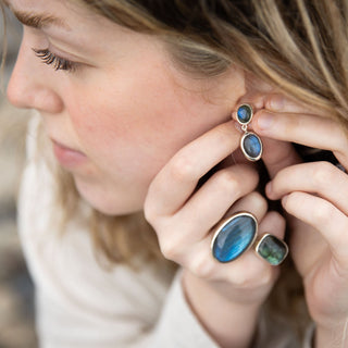 Simple Oval Labradorite Double Drops Earrings