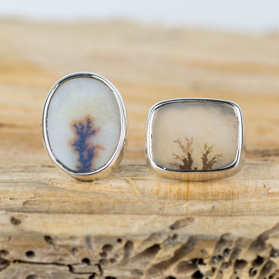 No.538 - Silver Dendritic Agate Mismatched Stud Earrings