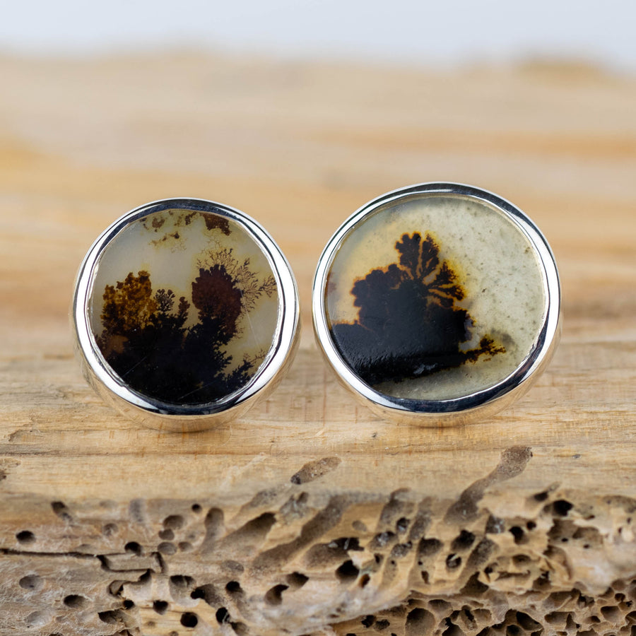 No. 52 - Silver Seaweed Dendritic Agate Mismatched Stud Earrings