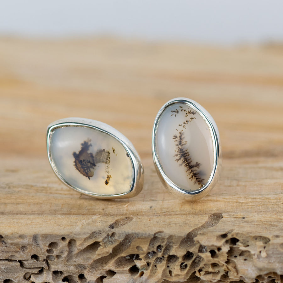 No. 536 - Silver Dendritic Agate Mismatched Stud Earrings