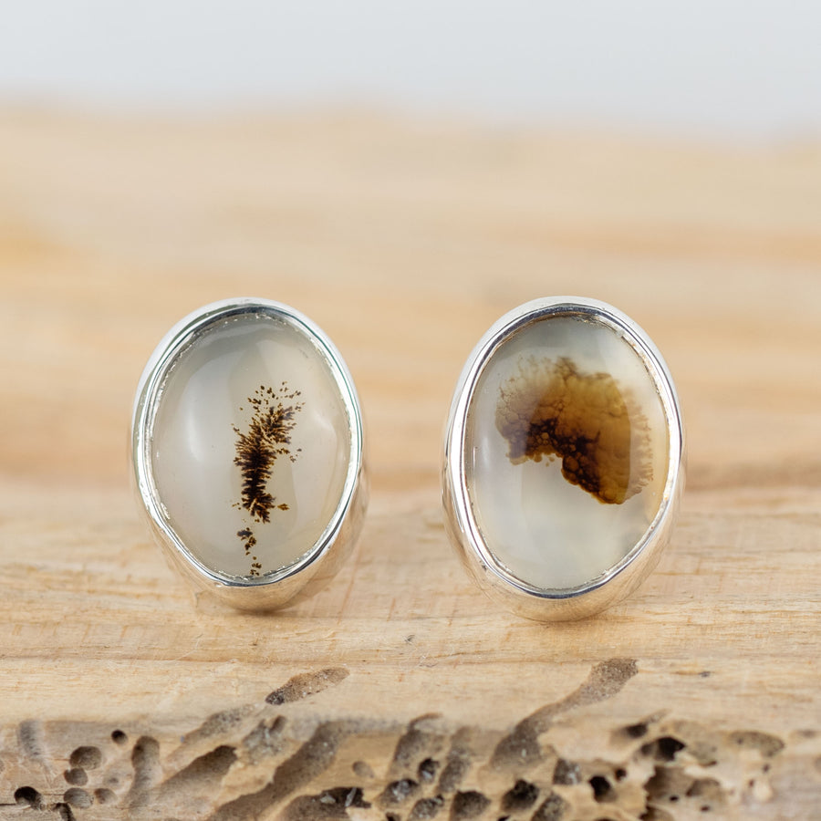 No.537 - Silver Dendritic Agate Mismatched Stud Earrings
