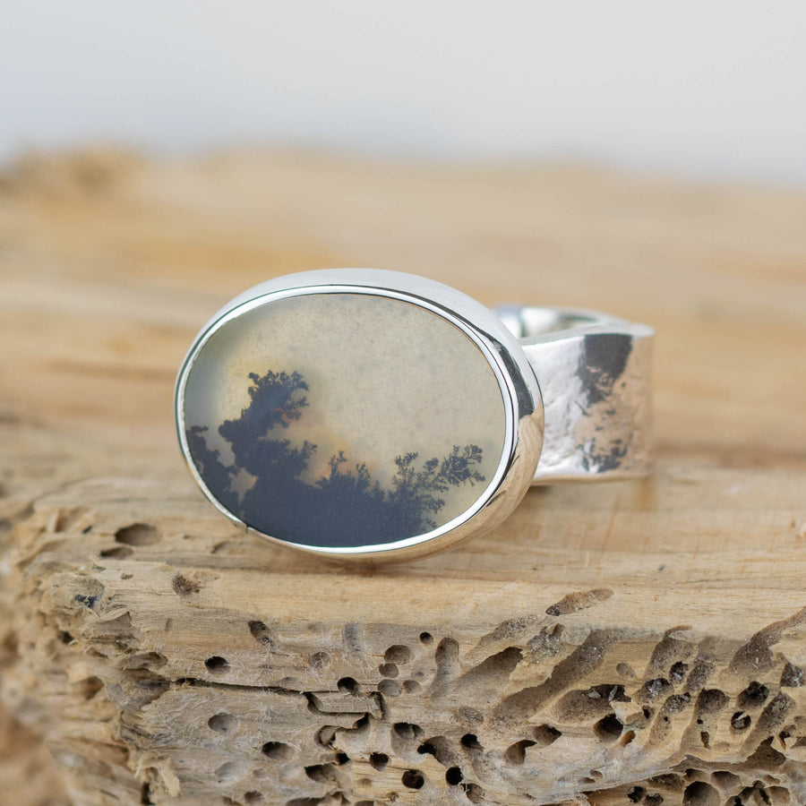 No.570 - Silver Dendritic Agate Ring - Size Q 1/2