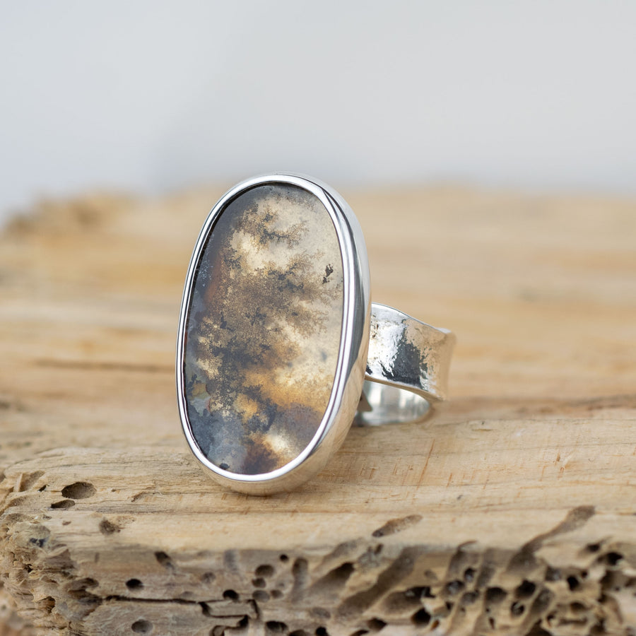 No.338 - Silver Dendritic Agate Ring - Size K