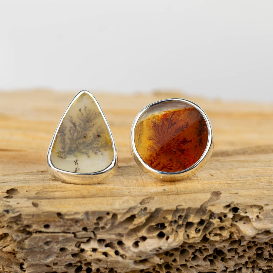 No. 612 - Silver Seaweed Dendritic Agate Mismatched Stud Earrings