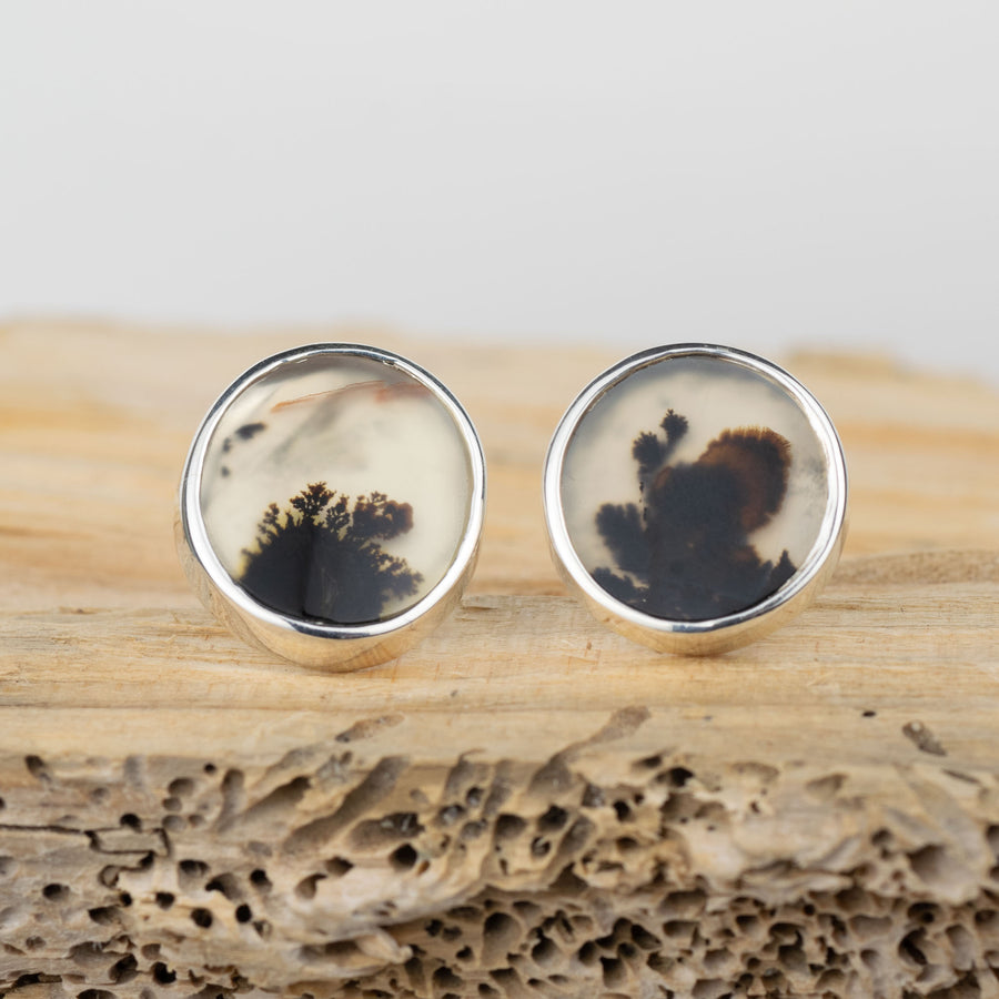 No. 610 - Silver Seaweed Dendritic Agate Mismatched Stud Earrings