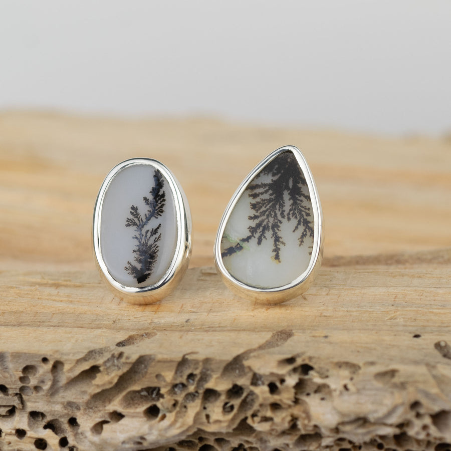 No. 611 - Silver Seaweed Dendritic Agate Mismatched Stud Earrings