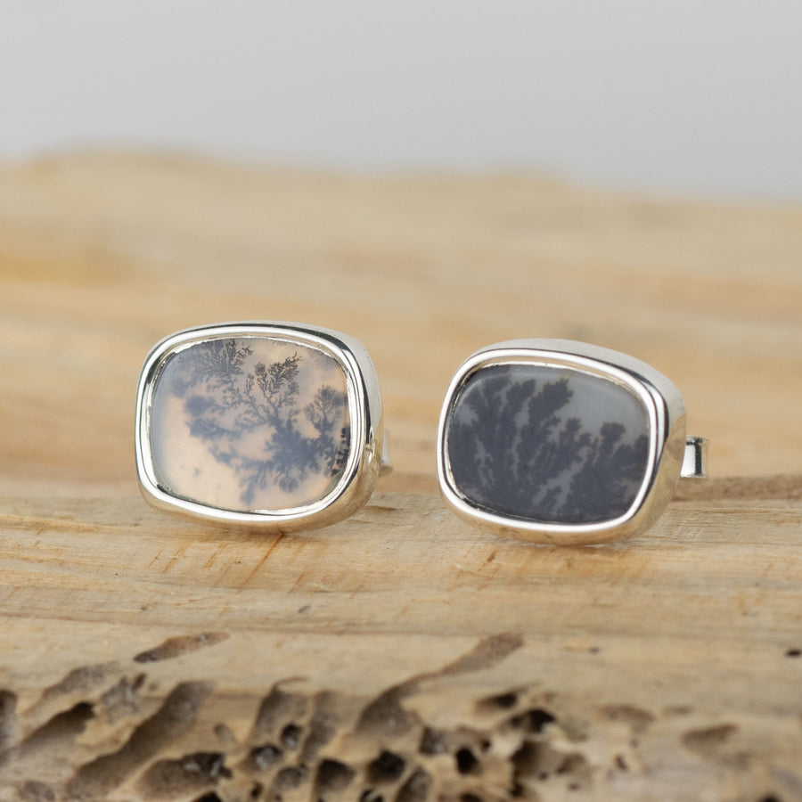 No.335 - Silver Dendritic Agate Mismatched Stud Earrings