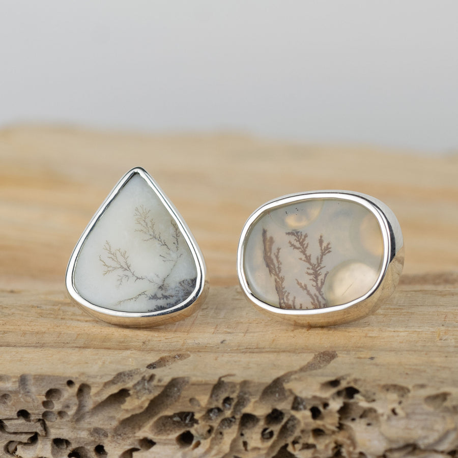 No.344 - Silver Dendritic Agate Mismatched Stud Earrings