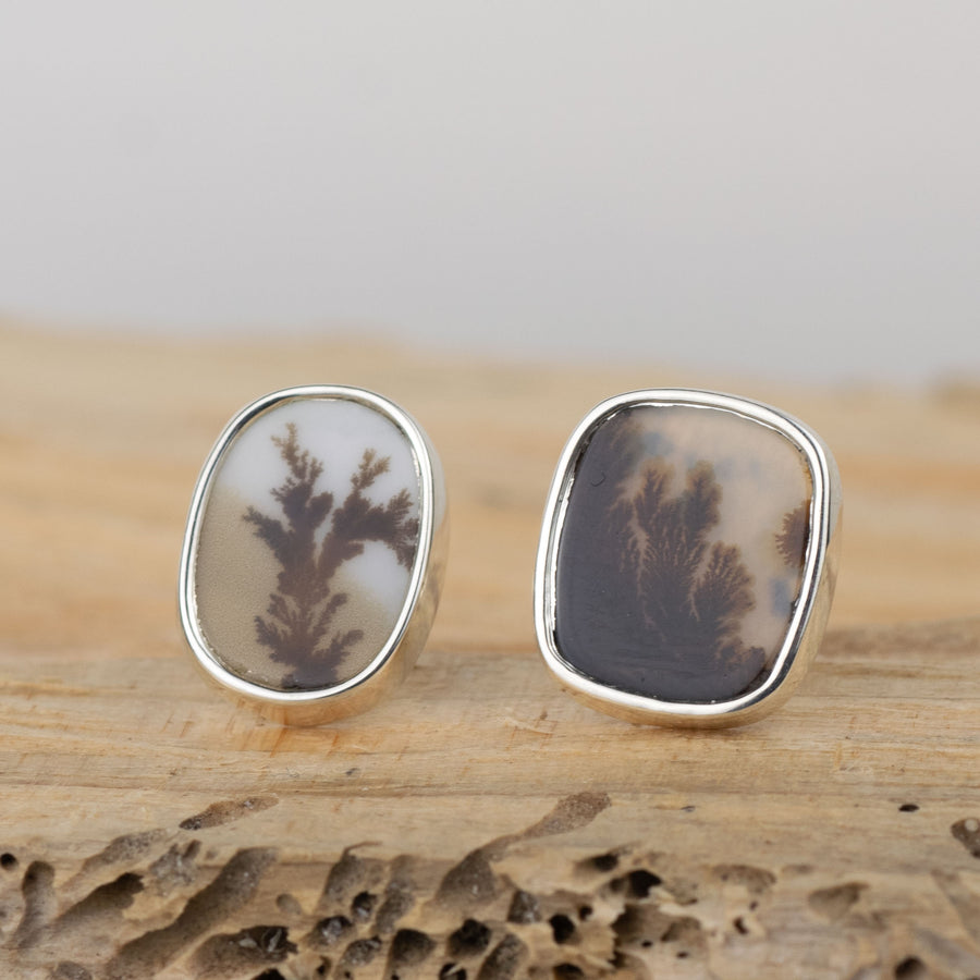No.381 - Silver Dendritic Agate Mismatched Stud Earrings